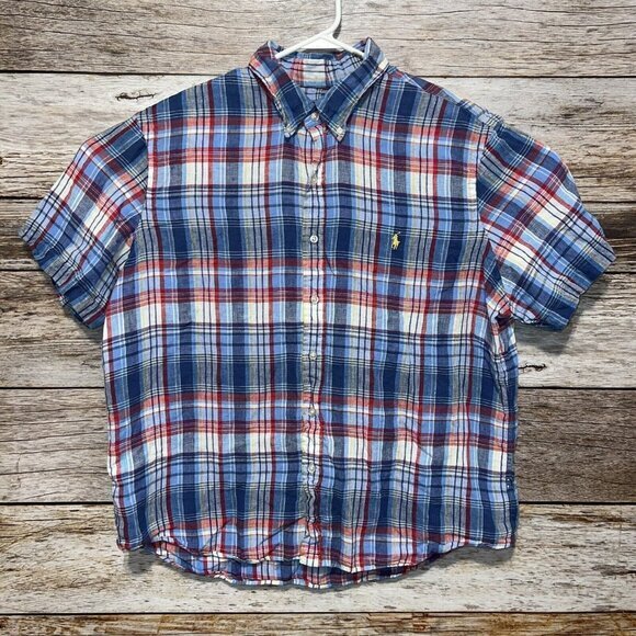 Ralph Lauren‎ 100% Linen Shirt Mens XL Short Sleeve Plaid Button Up Multicolor - Picture 1 of 6